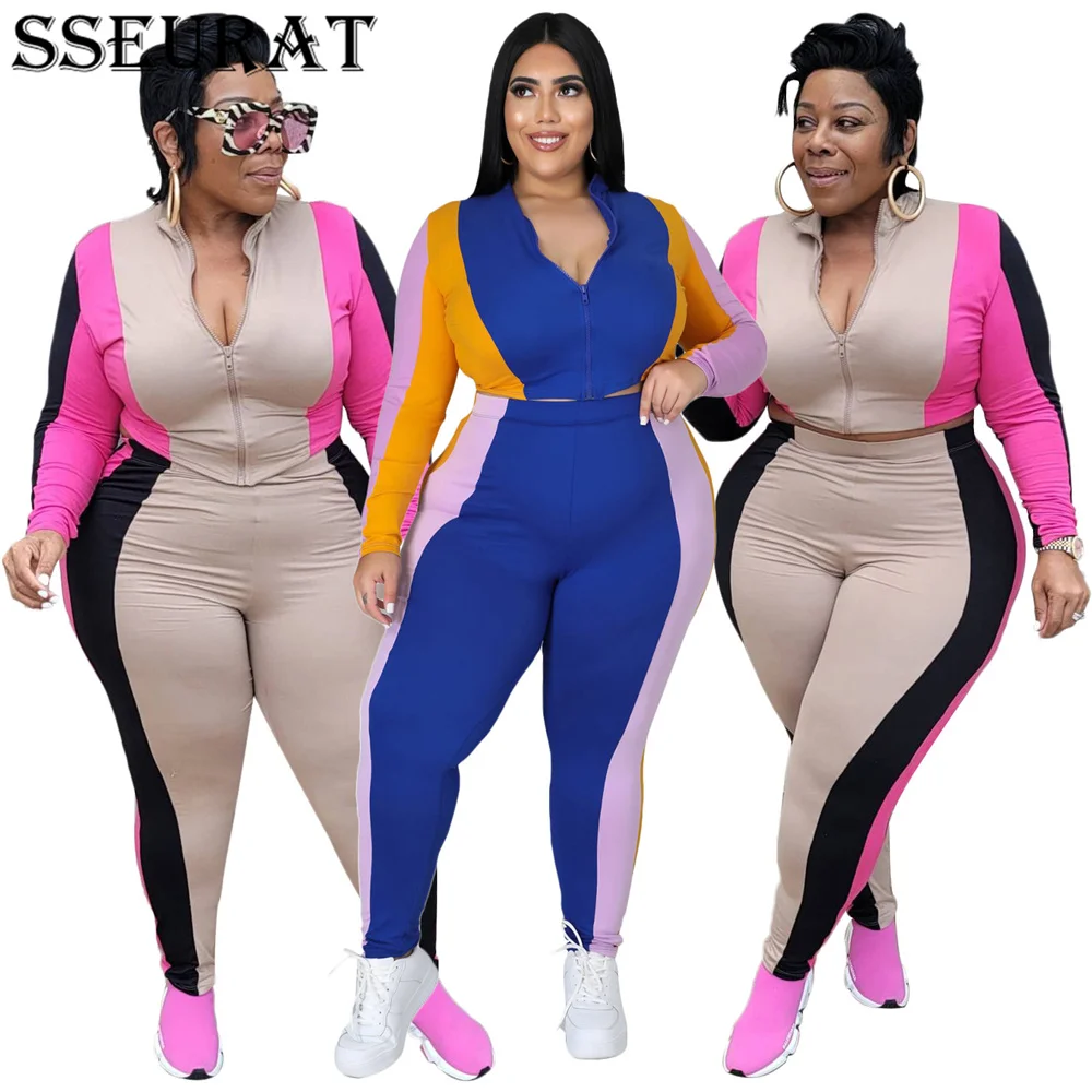 

SSEURAT Women Plus Size Set Patchwork Full Sleeve Zip Crop Tops Stretchy Pencil Pants Two 2 Piece Set Fashion Outfit Fall
