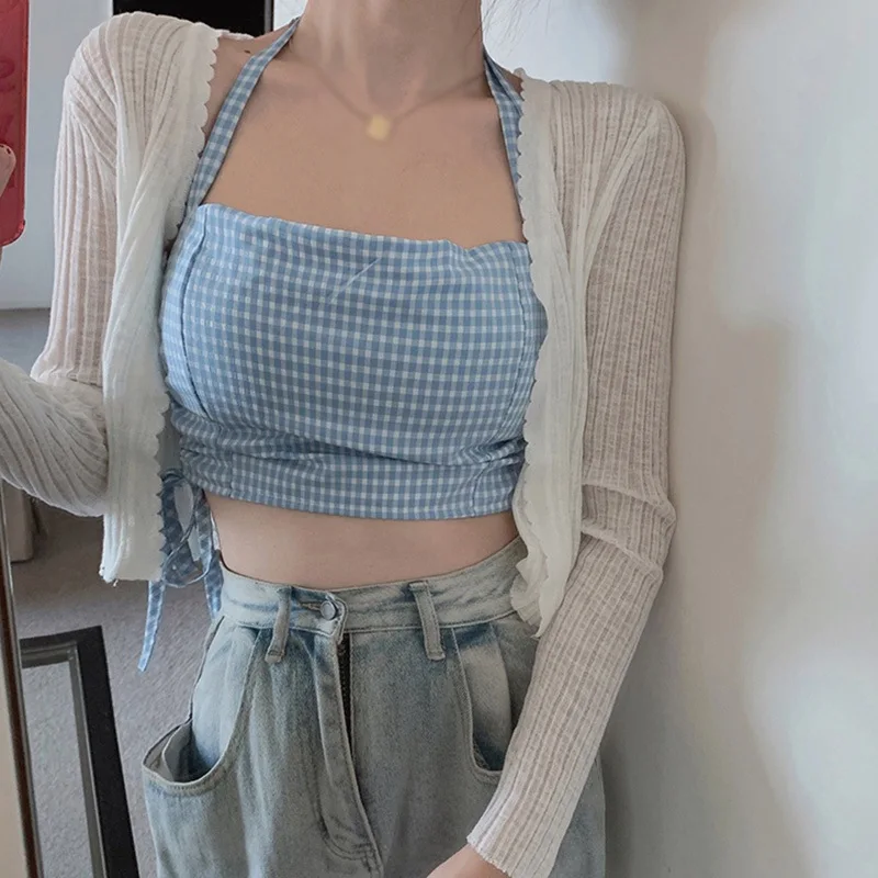 Топ женский клетчатый на шнуровке пикантная Облегающая майка с лямкой через шею -