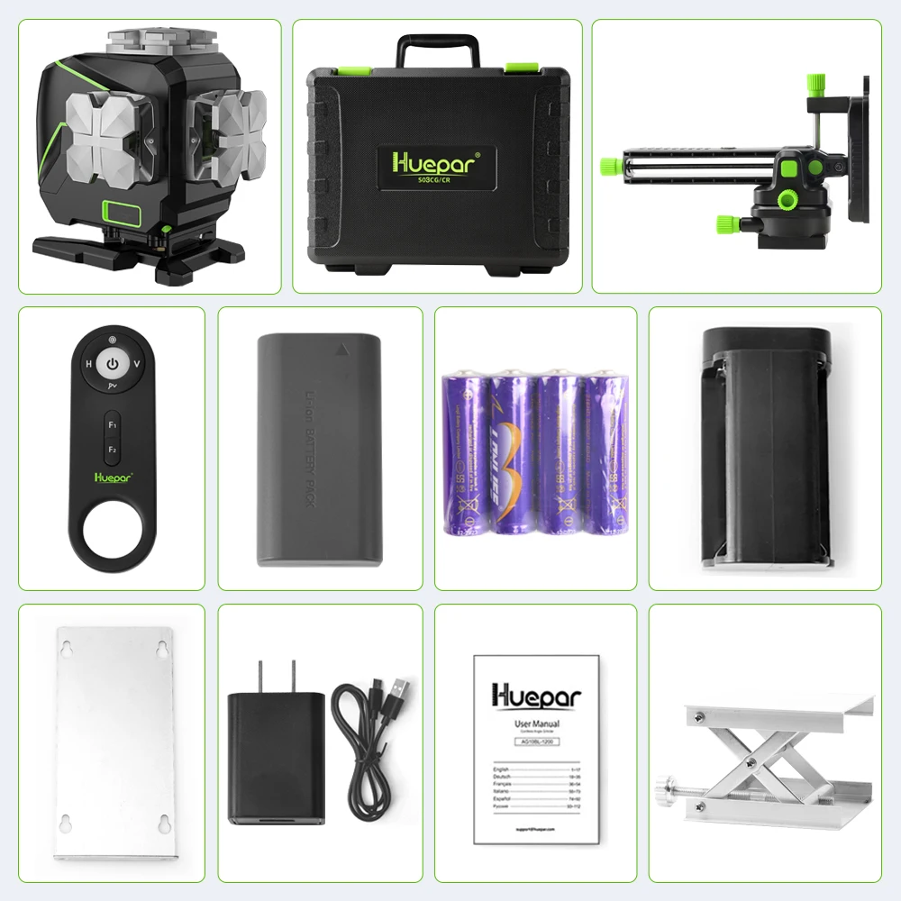 

Huepar 12 Lines 3D Cross Line Laser Level LCD Display Bluetooth & Remote Control Functions Green Beam With Hard Carry Case S03DG