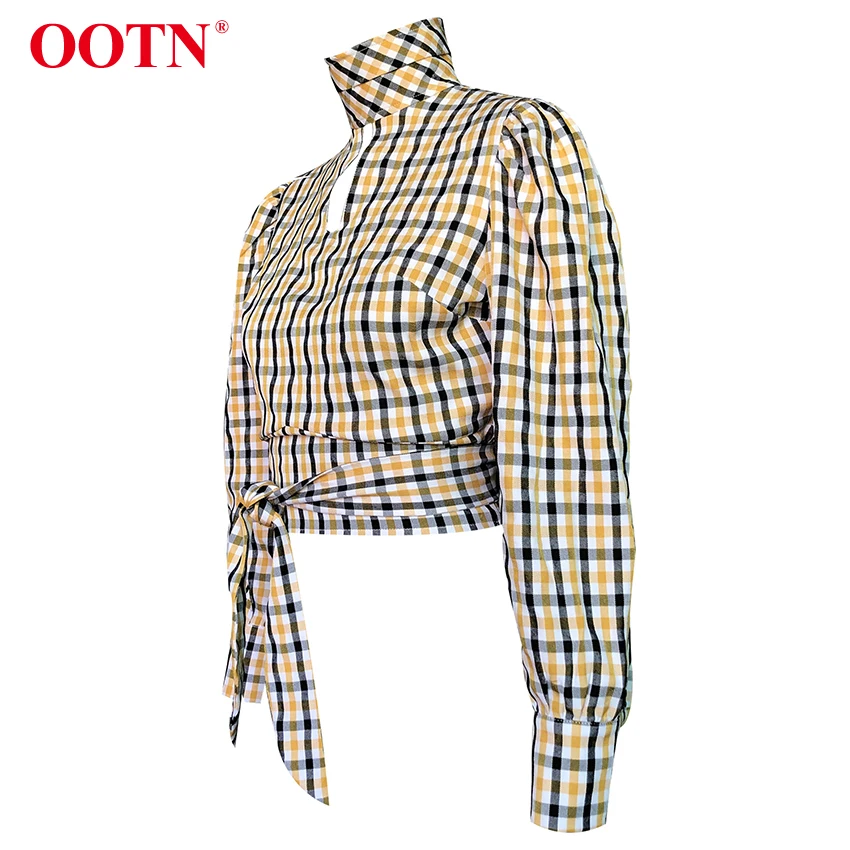 OOTN Сексуальная Открытая клетчатая Элегантная блузка женская втулка водолазка на шнуровке бант цветная рубашка с дырками винтажная Осенняя блузка