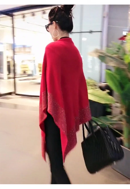 New Autumn Fashion Winter Diamonds Knit Shawl Cloak Loose Plus Size Solid Woman Poncho Cape Pullover Sweater Gray