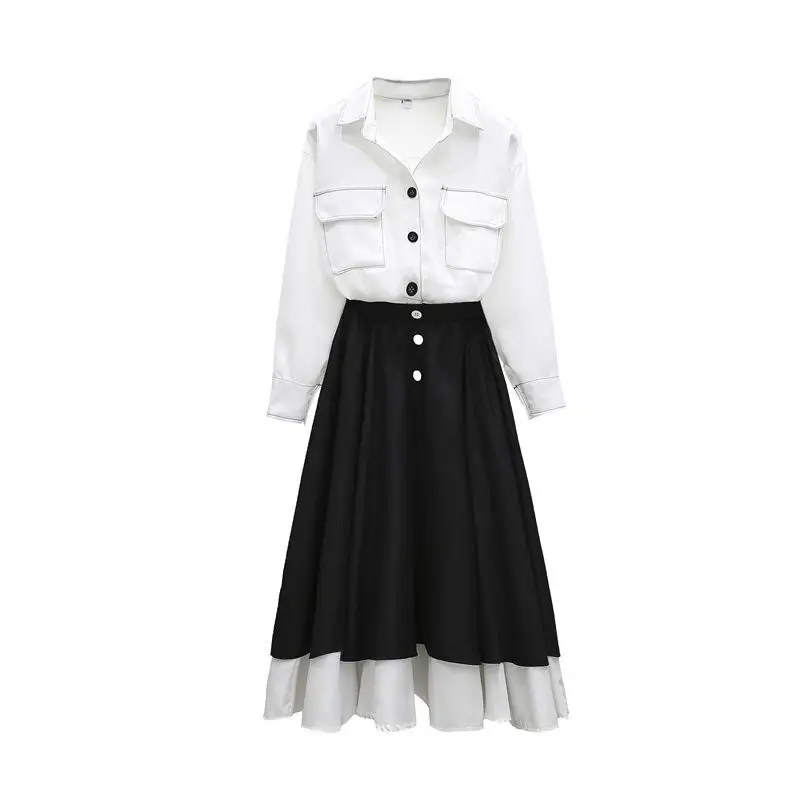 

ICHOIX spring Office ladies 2 piece skirt set White shirt + black long skirt 2 piece Korean outfits elegant women 2 piece set