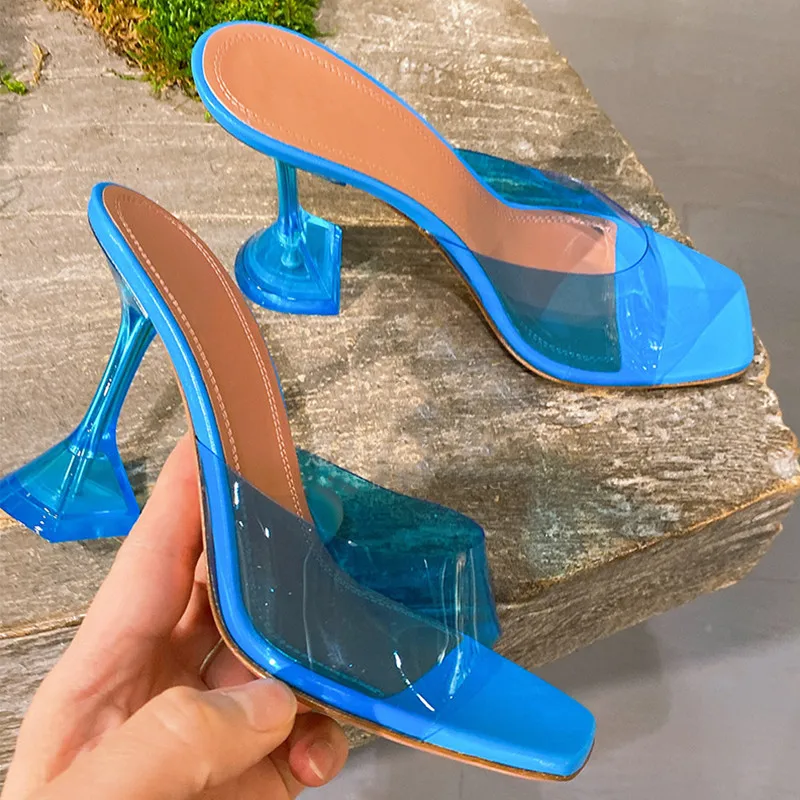 

2023 Star style Transparent PVC Crystal Clear Heeled Women Slippers Fashion High heels Female Mules Slides Summer Sandals Shoes