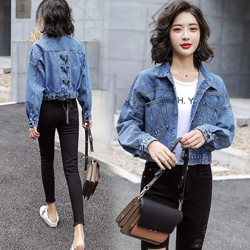 

Women Crop Top High Waist Denim Coats For Lady Korean Version Punk Style Motorcycle Slim Short Jacket Mujer New