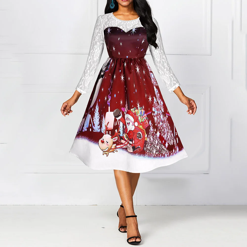 Рождественские платья для женщин с кружевами Осеннее рождественское платье