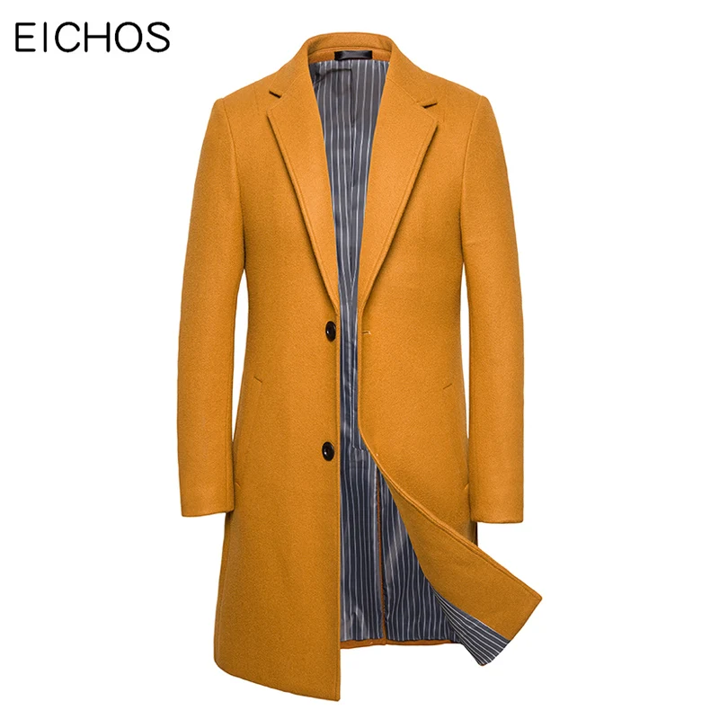 Мужское шерстяное пальто повседневное длинное черного или цвета хаки Осень зима