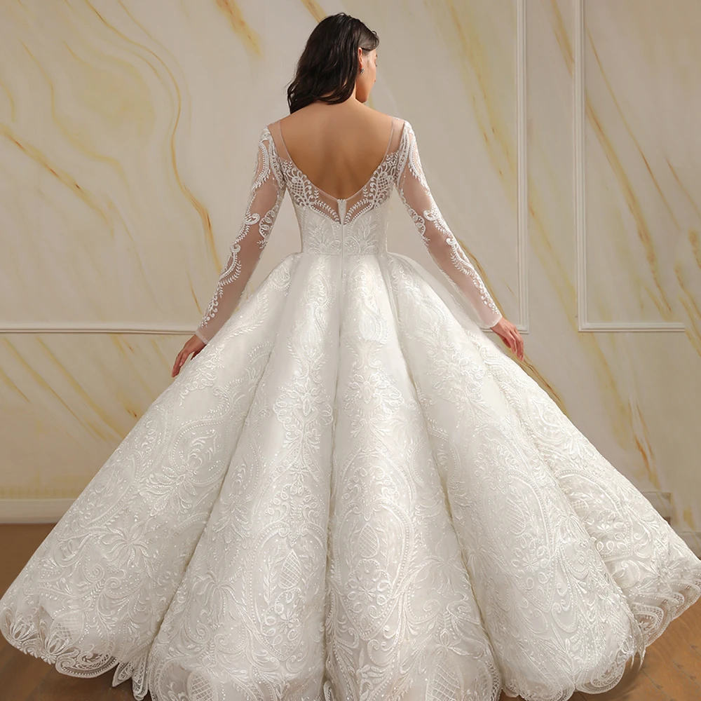 Elegant Long Sleeve Wave Ball Gown Wedding Dress 2021 Luxury Boat Neck Lace Sequins Wedding Bridal Gowns Robe de Mariee