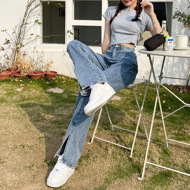 

Small new style side split straight tube floor sweeping jeans for female students