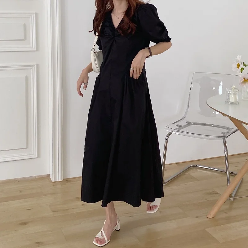 

Simple V Neck Puff Sleeve Woman Maxi Dress Slim Waist A Line Elegant Office Ladies Vestidos Clubwear Party Birthday Robe Femme