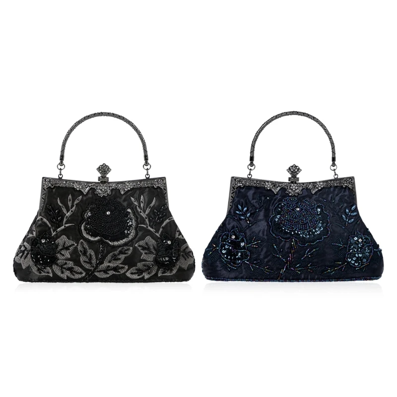 

Women Formal Flower Beaded Evening Purses Elegant Frame Lady Female Vintage Handbag Bridal Sequins Clutch Bag Cocktail Party Bag