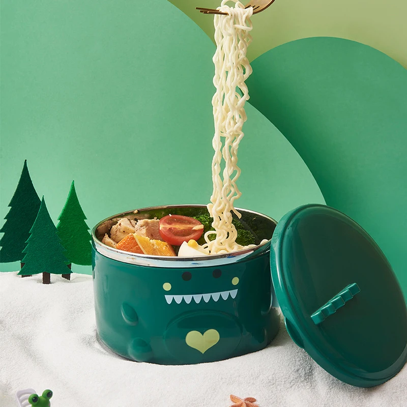 

Baby Tableware 304 Stainless Steel Anti-hot Kids Bowl+Cover Cute Cartoon Little Dinosaur Infant Feeding Food Container Utensils