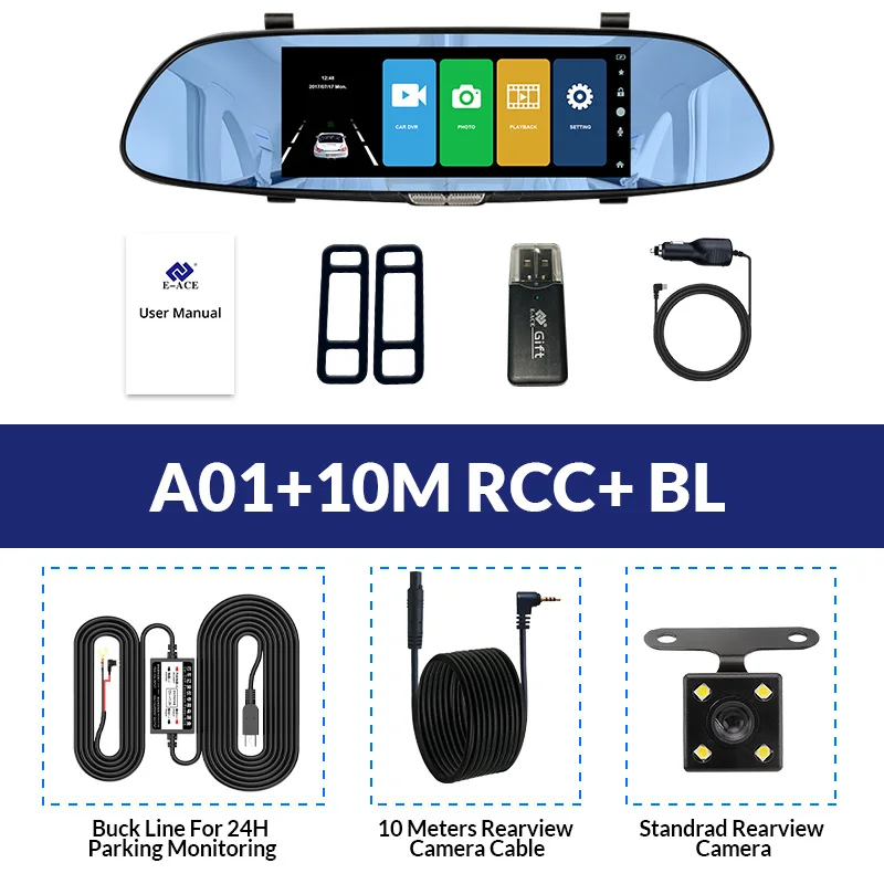 A01-10M RCC-BL E-ACE, 7,0 дюймов, Автомобильный видеорегистратор, зеркало заднего вида, сенсорная камера, авто видеорегистратор, FHD 1080 P, двойной объектив с камерой заднего вида, видеорегистратор - Название цвета: A01-10M RCC-BL