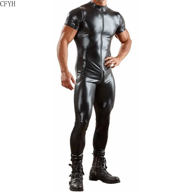 

Sexy Men Short Sleeve Catsuit Faux Leather Two Zipper Open Crotch Bodysuit Fetish Costume Night Club DS Lingerie