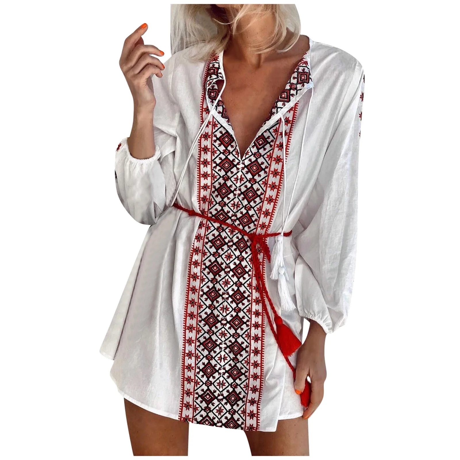 

Women's Casual Floral Print V-Neck Skirt Loose Dress Full Sleeve Shirts Tops Blouses Femme Spring Blouses Women Clothing Boho