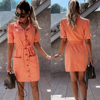 womens denim dress knee length summer sexy buttons short sleeved breasted casual loose office lady party slim sashes dress