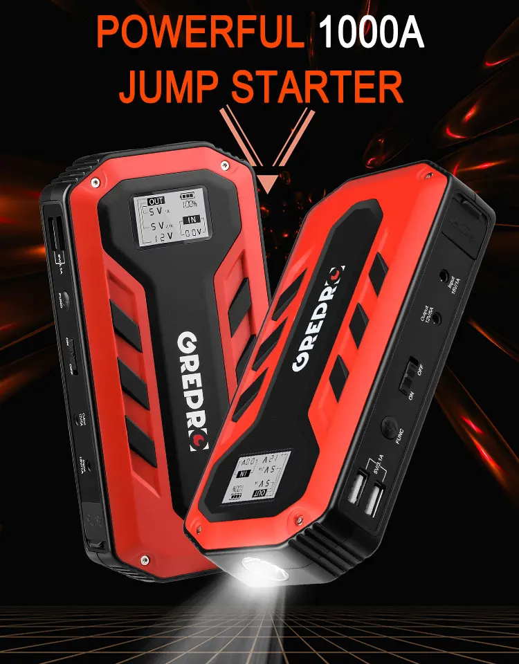 GREPRO Portable 13800mAH Car Jump Starter 1000A Peak 12V Auto Battery Booster Portable Power Pack with LCD Display Jumper Cable noco gb40