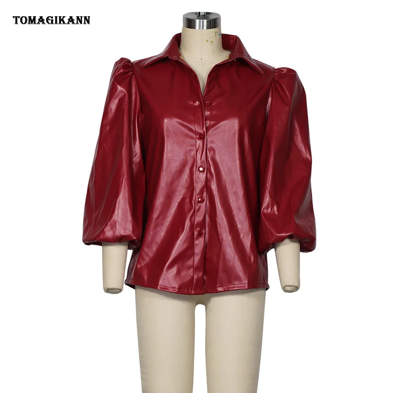 Женская блузка из искусственной кожи с буффами на рукавах весна 2020|Блузки| |