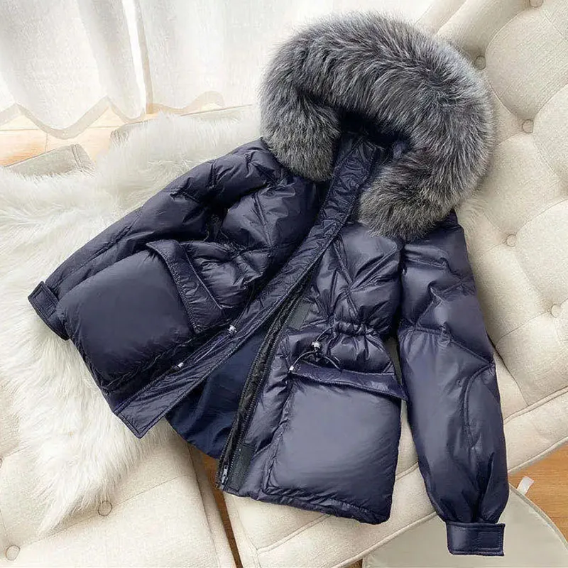 

New Winter Padded Jacket Women Black Glossy Down Cotton Jackets Korean Hooded Fur Collar Parka Overcoat Warm Cotton Jacket 80 kg