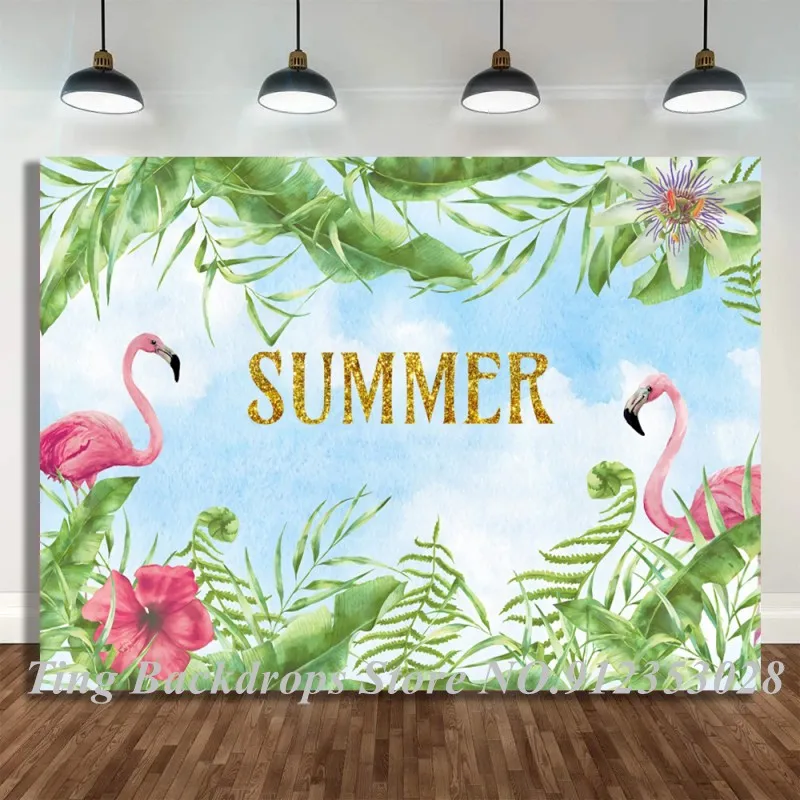 

Summer Scenic Photography Background Tropical Leaves Flamingo Girl Birthday Newborn Baby Shower Backdrops Table Decor Poster