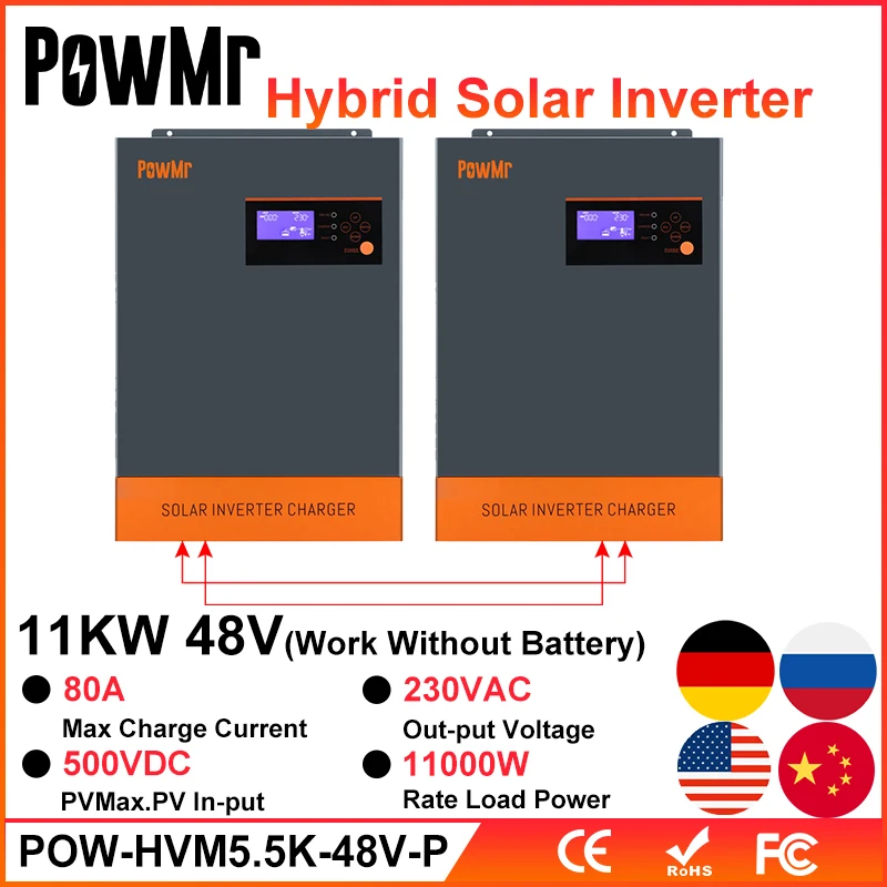 

PowMr Hybrid Solar Inverter 11KW 48V 220V 500Vdc PV Input 80A MPPT Solar Charger And Battery Charger Pure Sine Wave Solar Invers