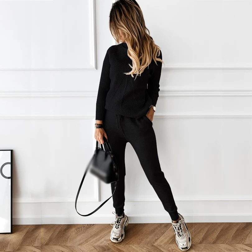 2021 Autumn Winter Women's tracksuit Solid Color Striped Turtleneck Sweater and Elastic Trousers Suits Knitted Two Piece Set