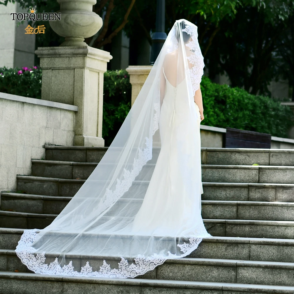 

TOPQUEEN V68 Wedding Long Veils with Comb Cathedral Veil with Floral French Lace Trim Cathedral Mantilla Bridal Veil 3M VEU