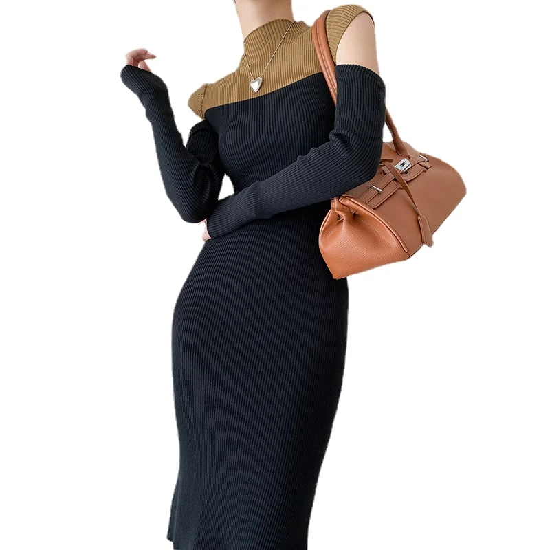 

Half Turtleneck Contrast Color Knitted Bottoming Dress 2021 Autumn and Winter New Slim-Fit Sheath