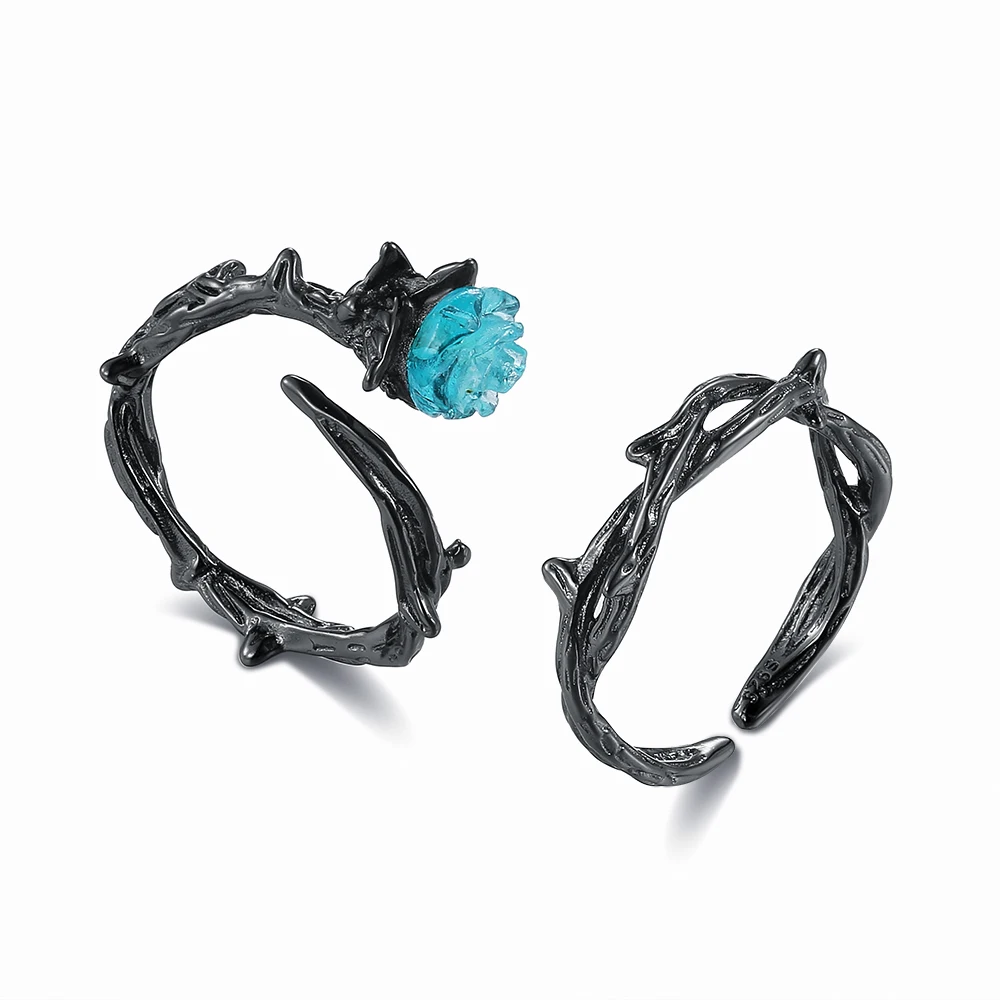 

Rose 925 Sterling Silver Ring For Women Romantic Couple Blue Rose Flower Rings Black Thorns Vintage Valentine Gift Fine Jewelry