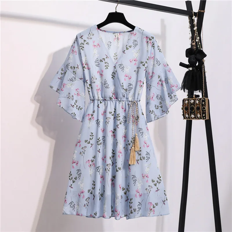 

Spring Summer Chiffon Dress Women V-Neck Floral Print Short Dresses Sweet Ruffle Sleeeve Slim 2021 New Drawstring Ladies Dress