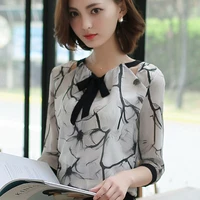 blouse femme 2022 summer new blusas mujer tops for women clothing white shirts chiffon 3xl bow printing short sleeve button 0005