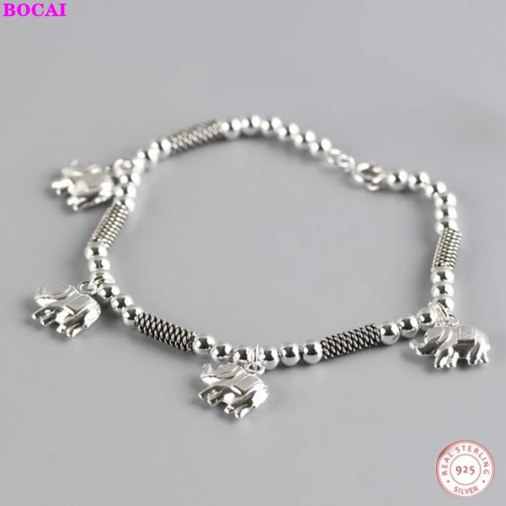 BOCAI S925 Sterling Silver Charm Bracelet Antique Thai Silver Hand Woven Small Elephant Pure Argentum Fashion Jewelry for Women