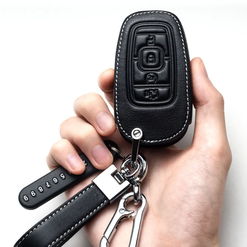 

New Leather Car Key Fob Case Cover Holder Chain for Ford Lincoln MKC MKZ Accessories Ring
