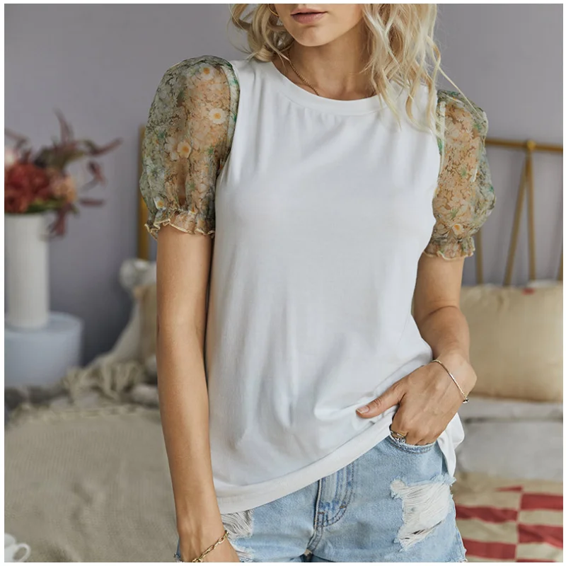 

2021 summer new women's short-sleeved round neck T-shirt stitching puff sleeve design temperament fashion female casual top