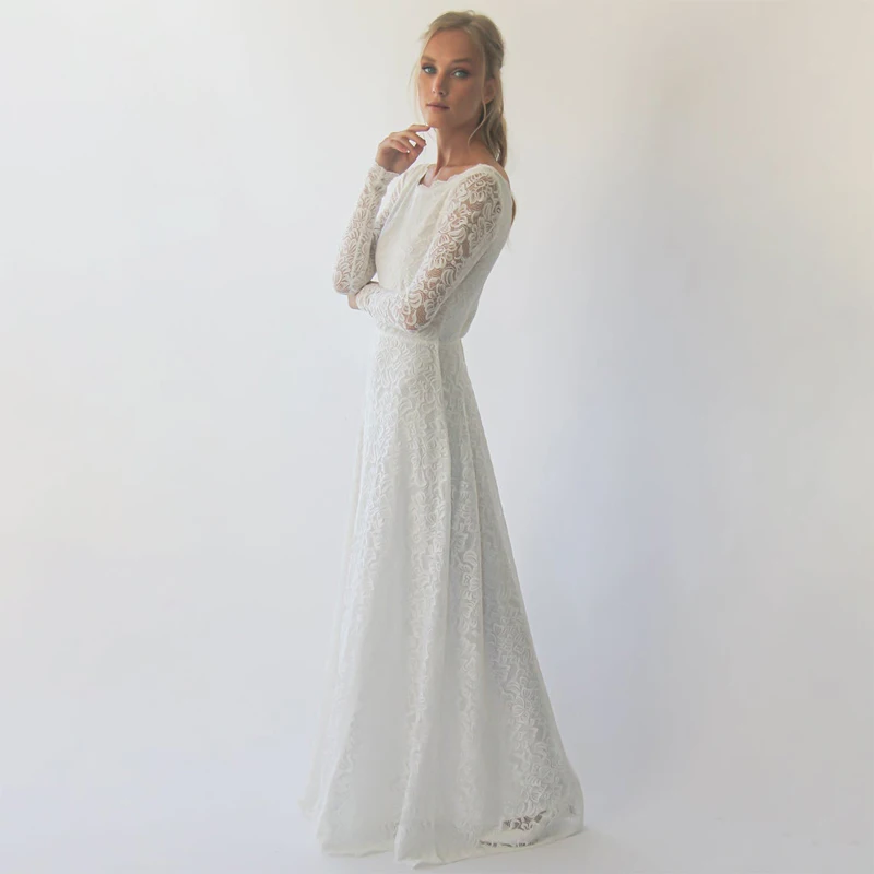 

Boat Neck Lace Long Sleeve A-Line Simple Wedding Dress 2021 Vestido De Noiva Bridal Gown