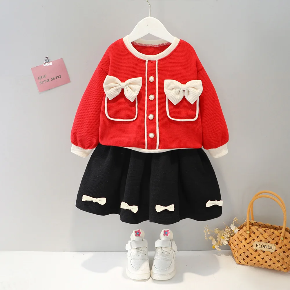 

Toddler Girl Outfit Spring Baby Girl Long Sleeve Bowknots Pullover+Skirt Two Piece Suit Preppy Style Casual School Newborn Set