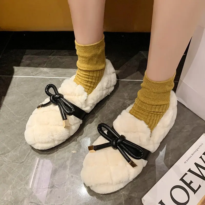 Winter The New Fur Shoes Women Fashion Casual Solid Slip-On Round Toe Butterfly-knot Plush Shallow Keep Warm High Quality Flock