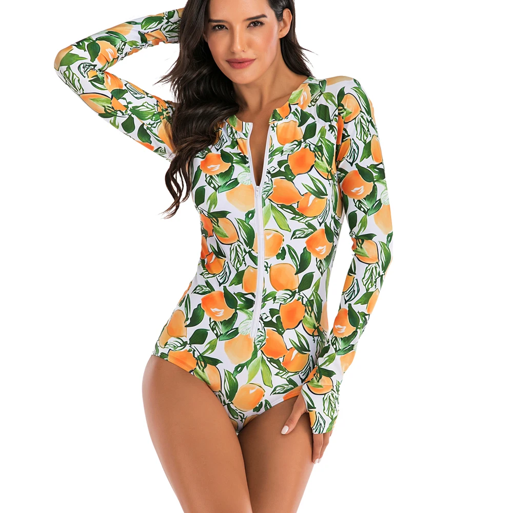 Женский слитный купальник с длинным рукавом и принтом на молнии|Комбинезоны| |
