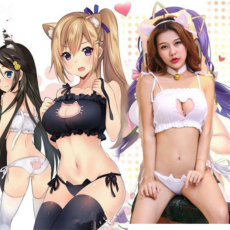 

Kawaii Kitty Cat Embroidery Meow star Keyhole Hollow Bra And Underwear Sailor Moon Mitsuishi Kotono Cosplay Sexy Costume