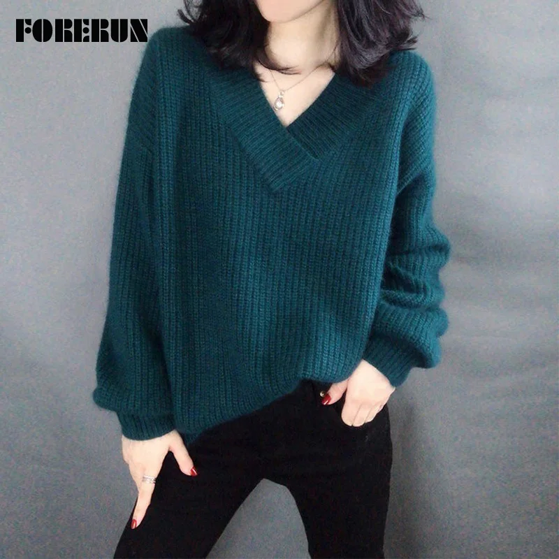 

FORERUN Pullover Sweater Women Knitted Lantern Sleeve V Neck Alpaca Winter Sweaters Oversized Solid Bottoming Shirt Truien Dames