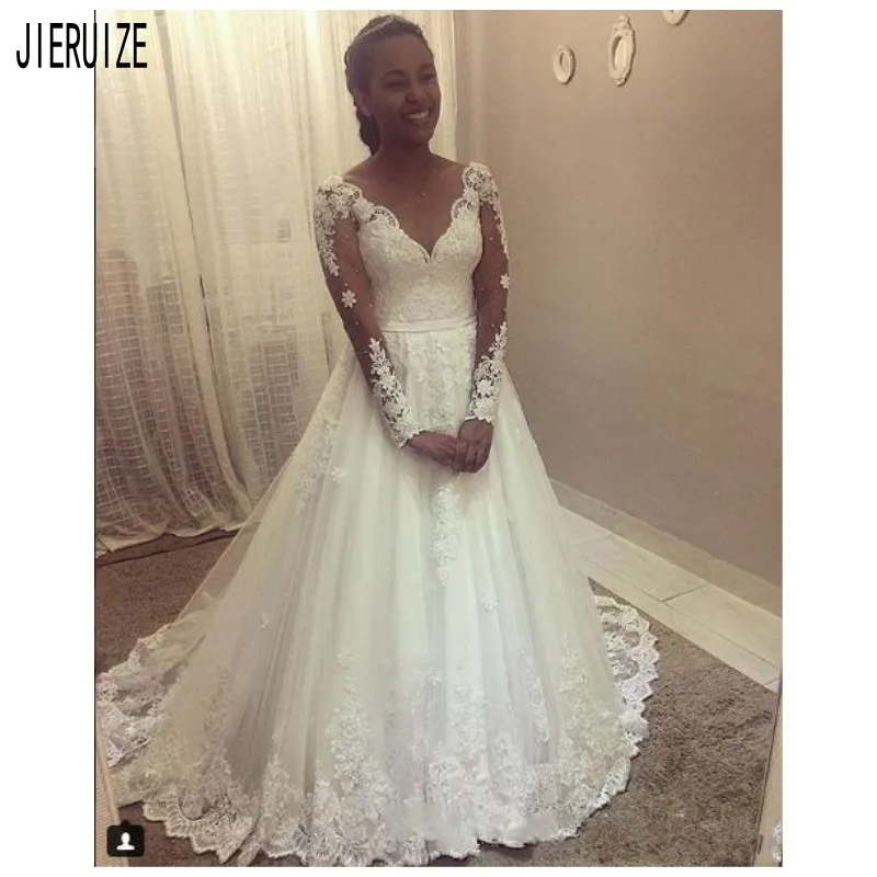 

JIERUIZE Wedding Dresses Sheer Scoop Neck Long Sleeve Appliques Wedding Gowns Lace Up Back A Line Bridal Gowns Robe De Mariee