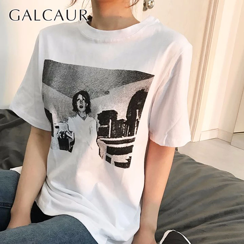 Женский пуловер с круглым вырезом GALCAUR Белый Свободный короткими рукавами и