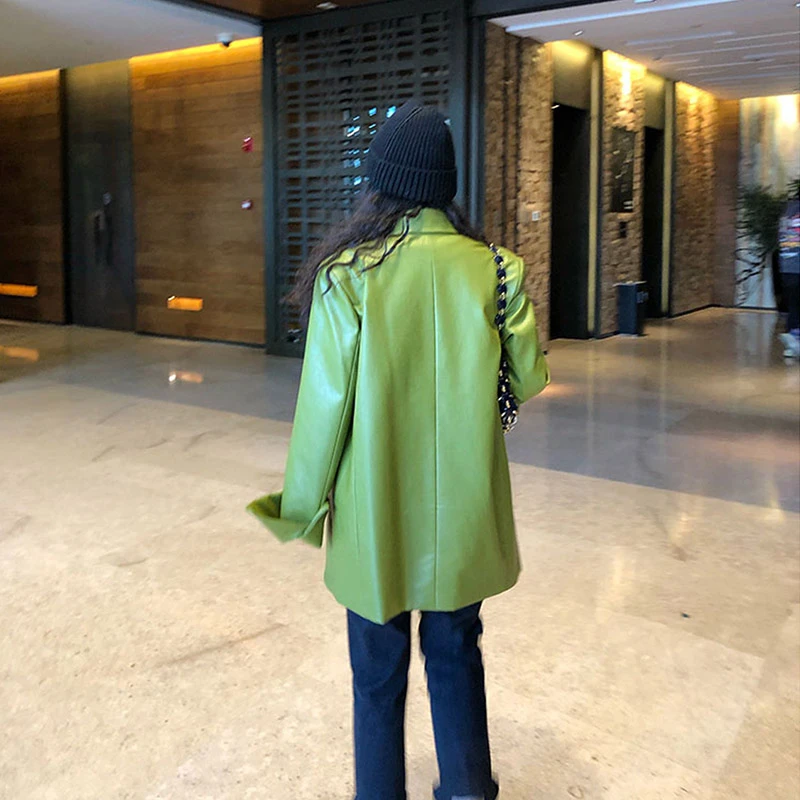 Korea loose version of solid color pu leather jacket new lapel long-sleeved women's coat fashion trend spring 2021 leather jacke