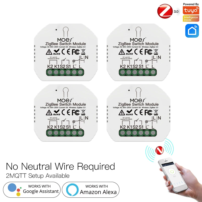 

2021 New ZigBee Smart Light Switch Module No Neutral Wire Single Fire Smart Life/Tuya App Control Works With Alexa Google Home