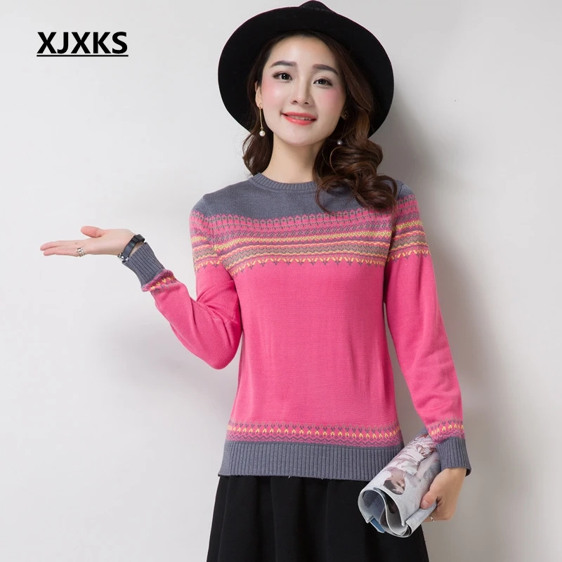 Женский свитер XJXKS осенне-весенние пуловеры топы Модные Повседневные с круглым