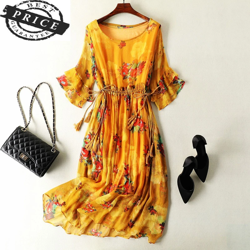

Dress Women Summer Real Silk Yellow Dresses Female Long Floral Vintage Vestidos Korean Beach Evening Party Dresses 0a010
