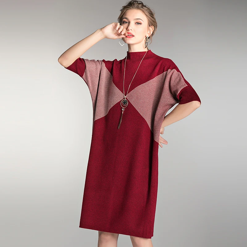 

Winter Knitting Sweater Dresses Plus Size Half Sleeve Patchwork Casual Oversized Turtleneck Loose Winter Autumn Dress Female