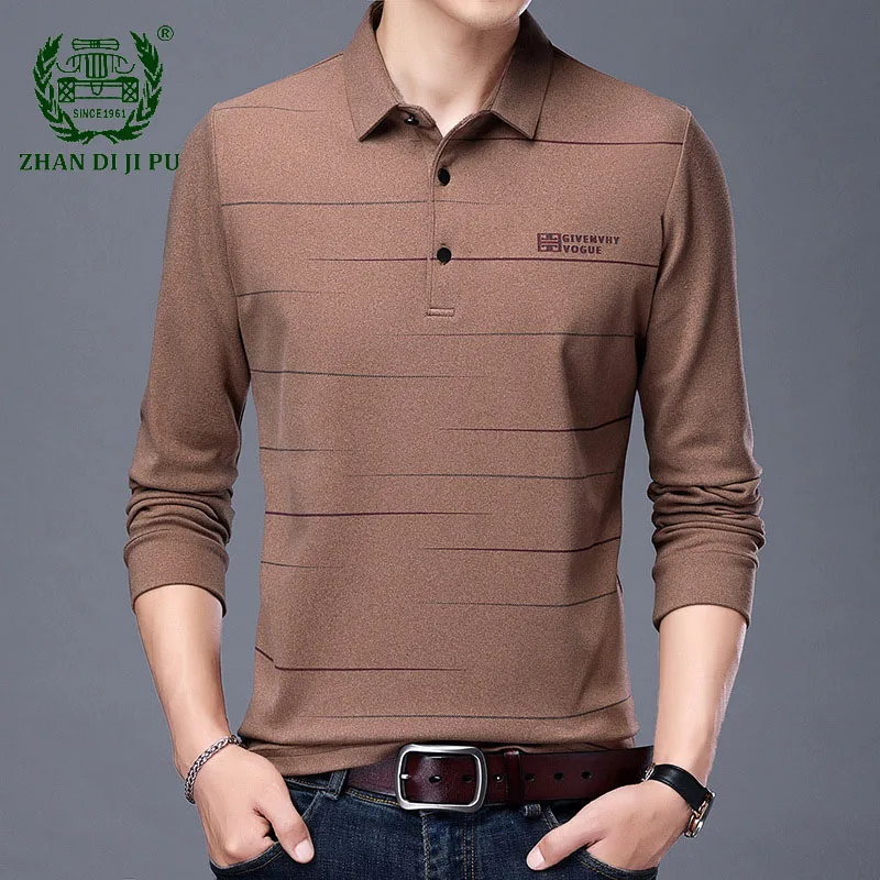 

Мужская рубашка-поло с вышивкой, Весенняя Повседневная Однотонная рубашка-поло в полоску с длинными рукавами, мужские осенние качественные...