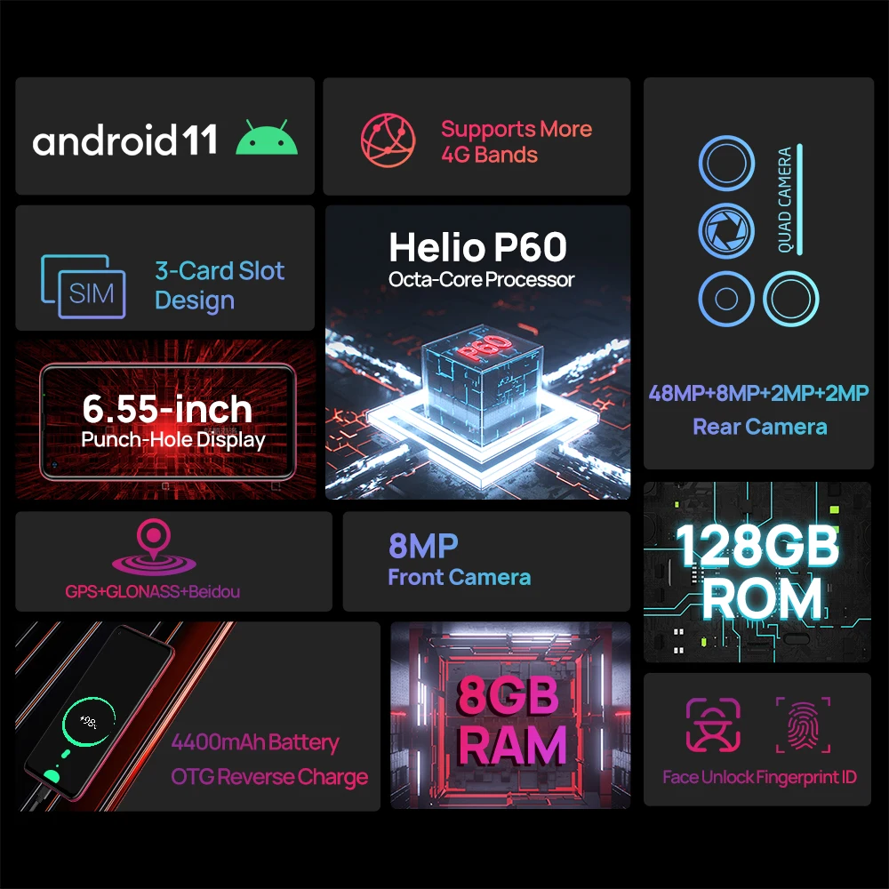 Ulefone Note 11P Android 11 смартфон 8 ГБ + 128 4G-LTE разблокировать телефон масштабным видением
