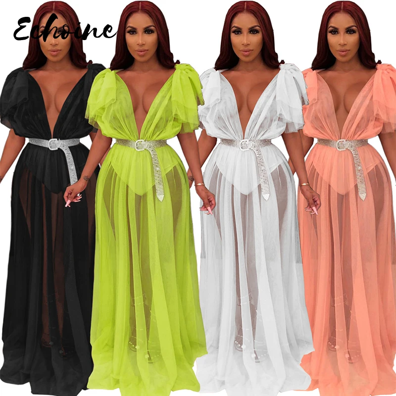 

Echoine 2019 Summer Volie Mesh Dresses Women See Through Black Gauze Mesh Sundress Short Sleeve Lace Party Long Dress No Belt