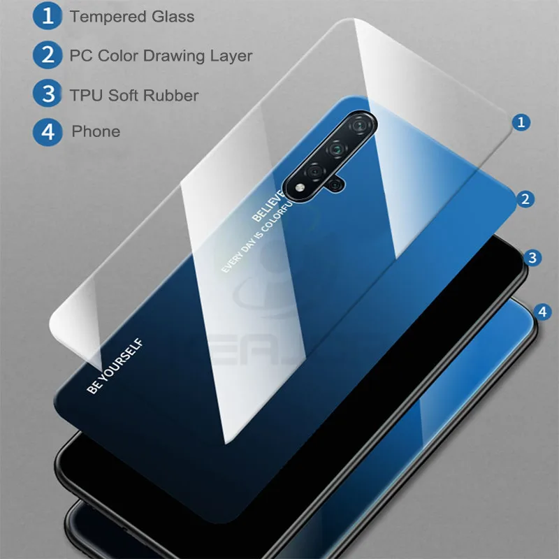 Жесткий чехол для huawei Honor 20 S чехол Роскошный градиентный закаленное стекло задняя крышка мягкая силиконовая рамка Бампер для Honor 20 20 S Чехол